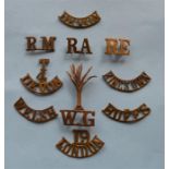 10 pieces to include: Shoulder titles (all missing back lugs), includes; 19th (Kensington)