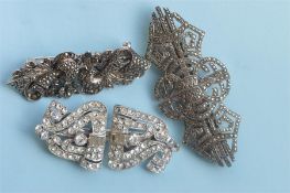 A group of two Art Deco silver and marcasite double clip brooches together with one other. Est. £