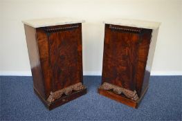 A good pair of marble top mahogany bedside chests with carved decoration. Est. £400 - £450.
