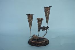A good Chinese three trumpet epergne decorated with dragons and leaves on hardwood base. Est. £300 -