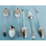 A set of six OE pattern dessert spoons with initialled terminals. London 1745. By H&B? Approx. 165