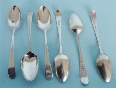 A set of six OE pattern dessert spoons with initialled terminals. London 1745. By H&B? Approx. 165
