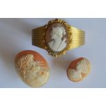 A gilt bracelet mounted with shell cameo in leaf decorated frame together with two other unmounted