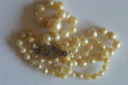 A graduated string of pearl beads with silver clasp. Est. £15 - £20.