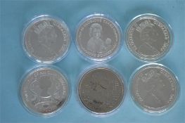 A group of six silver proof five pound coins. Est. £30 - £40