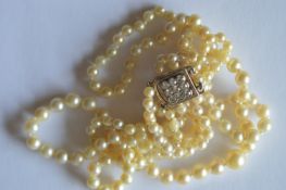 A good double string of pearl beads with gold mounted 9 stone clasp. Est. £40 - £60.