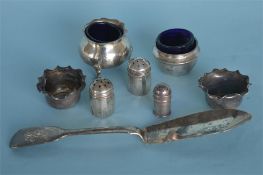 A quantity of various salts, cruets, and a butter knife etc. Various dates and makers. Approx. 200