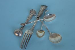 A Kings' pattern salt spoon, fork and other cruet