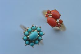 An 18 carat coral ring together with a 9 carat turquoise ring. Approx. 6 grams. Est. £60 - £80.