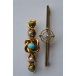 A turquoise and gold brooch together with a small diamond brooch. Approx. 6 grams. Est. £40 - £60.