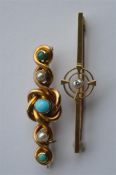A turquoise and gold brooch together with a small diamond brooch. Approx. 6 grams. Est. £40 - £60.