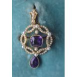 An attractive amethyst and pearl pendant in 15 carat gold with loop top. Est. £700 - £800