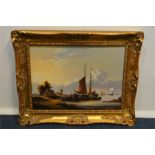 A continental oil painting of a boat scene signed