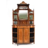 An Edwardian rosewood, inlaid and strung side cabinet with mirrored back and cupboard base on turned