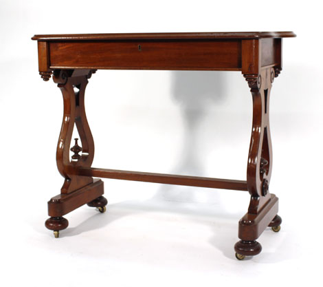 A Victorian mahogany library table with moulded serpentine top and frieze drawer on lyre-shaped - Image 2 of 3