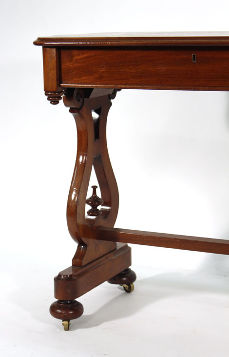 A Victorian mahogany library table with moulded serpentine top and frieze drawer on lyre-shaped - Image 3 of 3