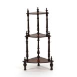 A Victorian walnut and inlaid corner whatnot with three shelves on turned supports, w. 49 cm Good