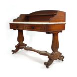 A Victorian pine and marble topped washstand grained to simulate inlaid and crossbanded satinwood,