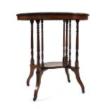 An Edwardian rosewood, strung and inlaid two tier occasional table of oval form on a turned