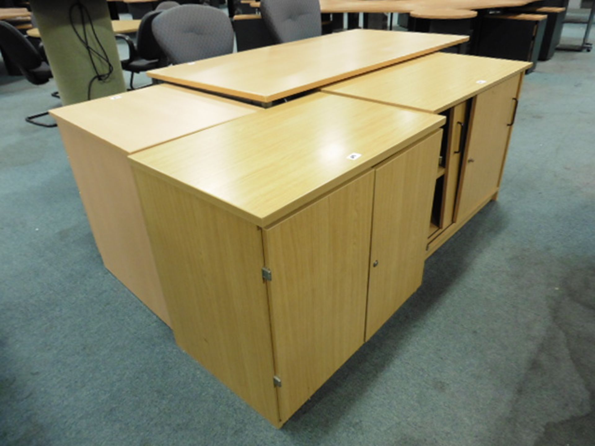 Beech topped office table, matching pedestal, 2 light oak 2 drawer cabinets, light oak circular