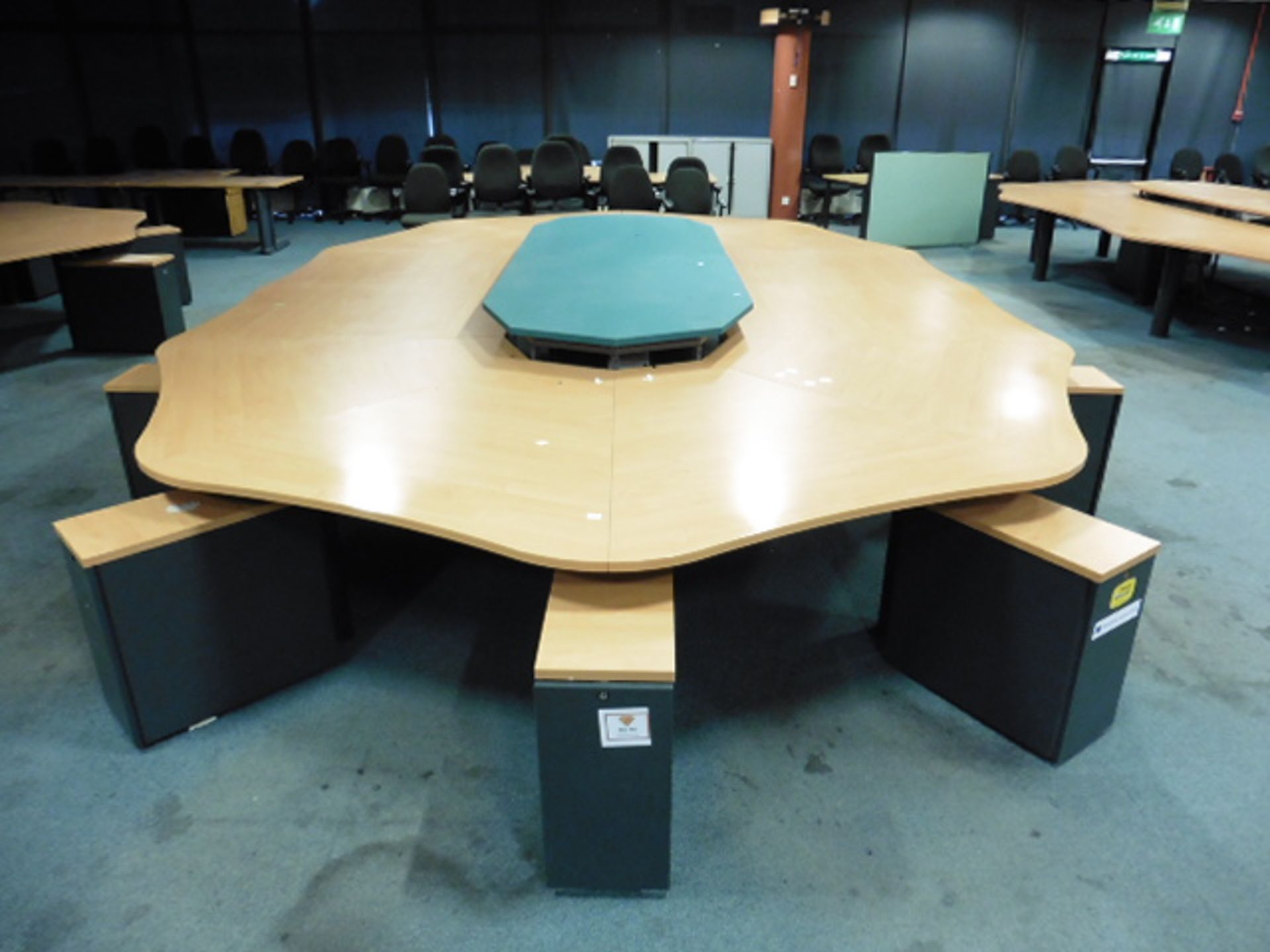 Call centre 12 station modular desk pod finished in beech and grey, comes with 12 free standing