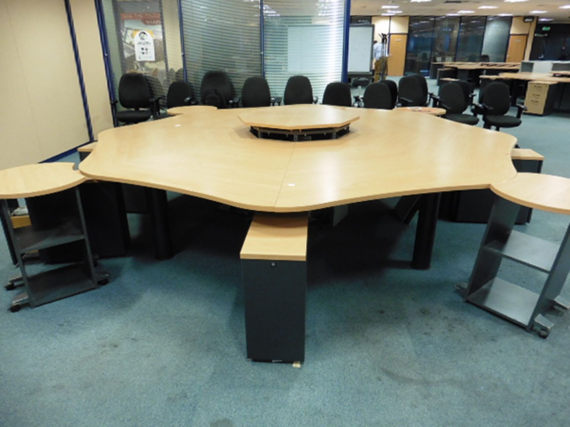 Call centre 8 station modular desk pod finished in beech and grey, comes with 5 free standing