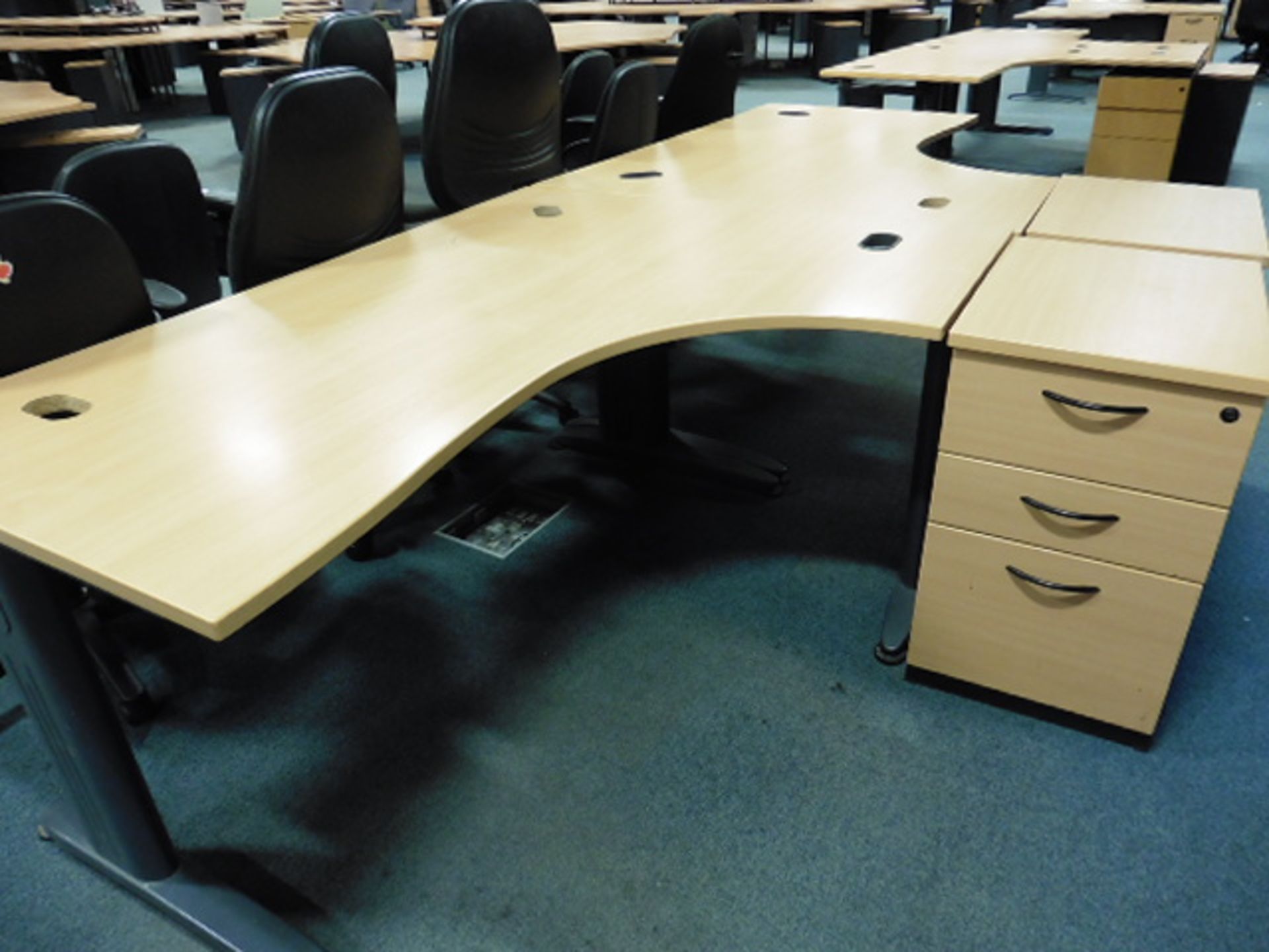 8 beech finish ''L:'' shaped desks with 8 matching pedestals, rectangular table and pedestal with