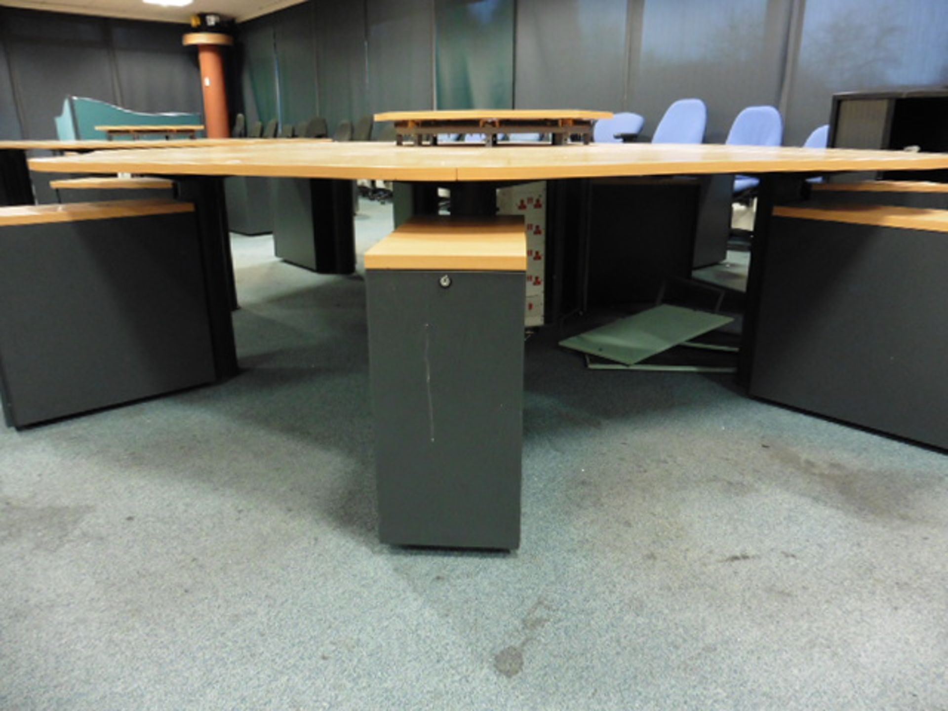 Call centre 8 station modular desk pod finished in beech and grey, comes with 8 free standing