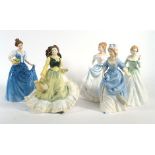 Five Royal Doulton figures consisting, HN3601 'Helen', HN693 'April', HN3646 'Claire', HN3767 '