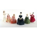 Six Royal Doulton figures consisting, HN3764 'Welcome', HN2340 'Belle', HN2475 'Vanity', HN2341 '