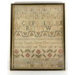 An 18th century needlework sampler worked by Elizabeth Hourse in 1790, 32 x 24.5 cm CONDITION