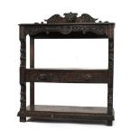 An 18th century-style oak three-tier buffet with moulded back panel and supports on block feet, w.