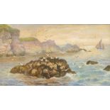 (?)..Mortimer,
A rocky shore with shipping and seagulls,
signed,
watercolour,
19 x 34 cm CONDITION