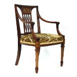 A Sheraton-style rosewood and inlaid open armchair  CONDITION REPORT: Rickety, otherwise good