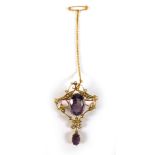 An Edwardian 9ct yellow gold pendant/brooch of openwork design set amethysts and seed pearls,