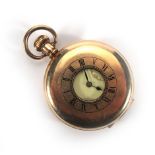 A gold plated half hunter pocket watch, the white enamel face with black Arabic numerals and