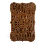A 19th century Cantonese carved sandalwood card case, typically decorated with a village scene, 11 x