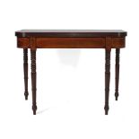 A Regency mahogany and inlaid fold-over tea table on turned legs, w. 96 cm CONDITION REPORT: