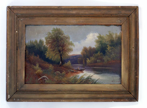 English School, 19th century,
Fishermen by a lake,
indistinctly signed,
oil on board,
37 x 62 cm and