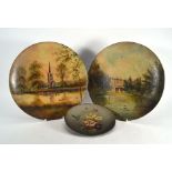 F. C. Gill, a pair of painted tole chargers depicting Warwick Castle and Stratford-on-Avon church,