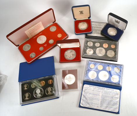 Three New Zealand proof coin sets incl. 1975,1978 and 1982, a Liberian proof coin set from 1976