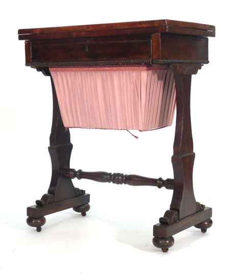 A Victorian mahogany work table, the fold over top above a frieze drawer and a suspended basket on - Image 2 of 2