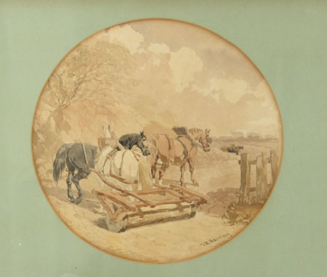 Follower of John Frederick Herring,
Horses at work,
bears signature and dated 1850,
watercolour,
