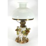 A late 19th century continental oil lamp with figural reservoir and glass shade, base h. 18.5 cm