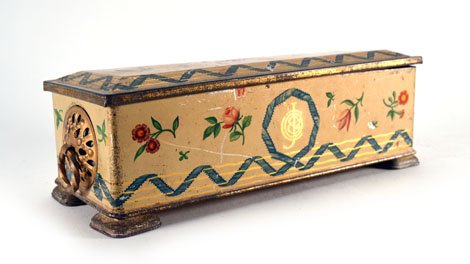 An enamelled biscuit tin by W. R. Jacob & Co. entitled 'Bristol China Casket', l. 21.5 cm