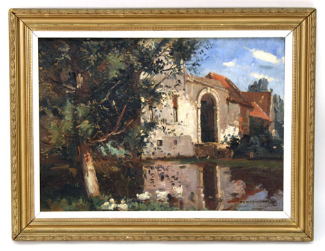 ...Vandekerkhove,
A view of a continental building by a lake,
signed,
oil on board,
37 x 52 cm