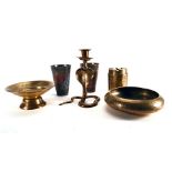 A group of Indian and Eastern brassware including an ashtray of leaf form relief decorated with