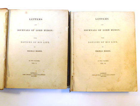 Moore. T: Letters and Journals of Lord Byron. 1830. 2 vols. Qto.  CONDITION REPORT: Disbound, boards