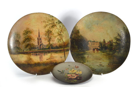 F. C. Gill, a pair of painted tole chargers depicting Warwick Castle and Stratford-on-Avon church, - Image 3 of 3