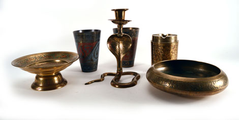 A group of Indian and Eastern brassware including an ashtray of leaf form relief decorated with - Image 2 of 3